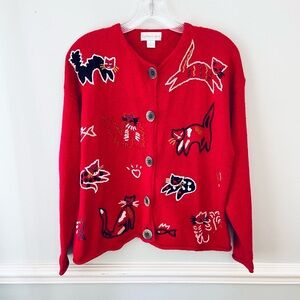 Northern Isles Cats Red Knit Cardigan Sweater SZ S Embroidered Appliqué